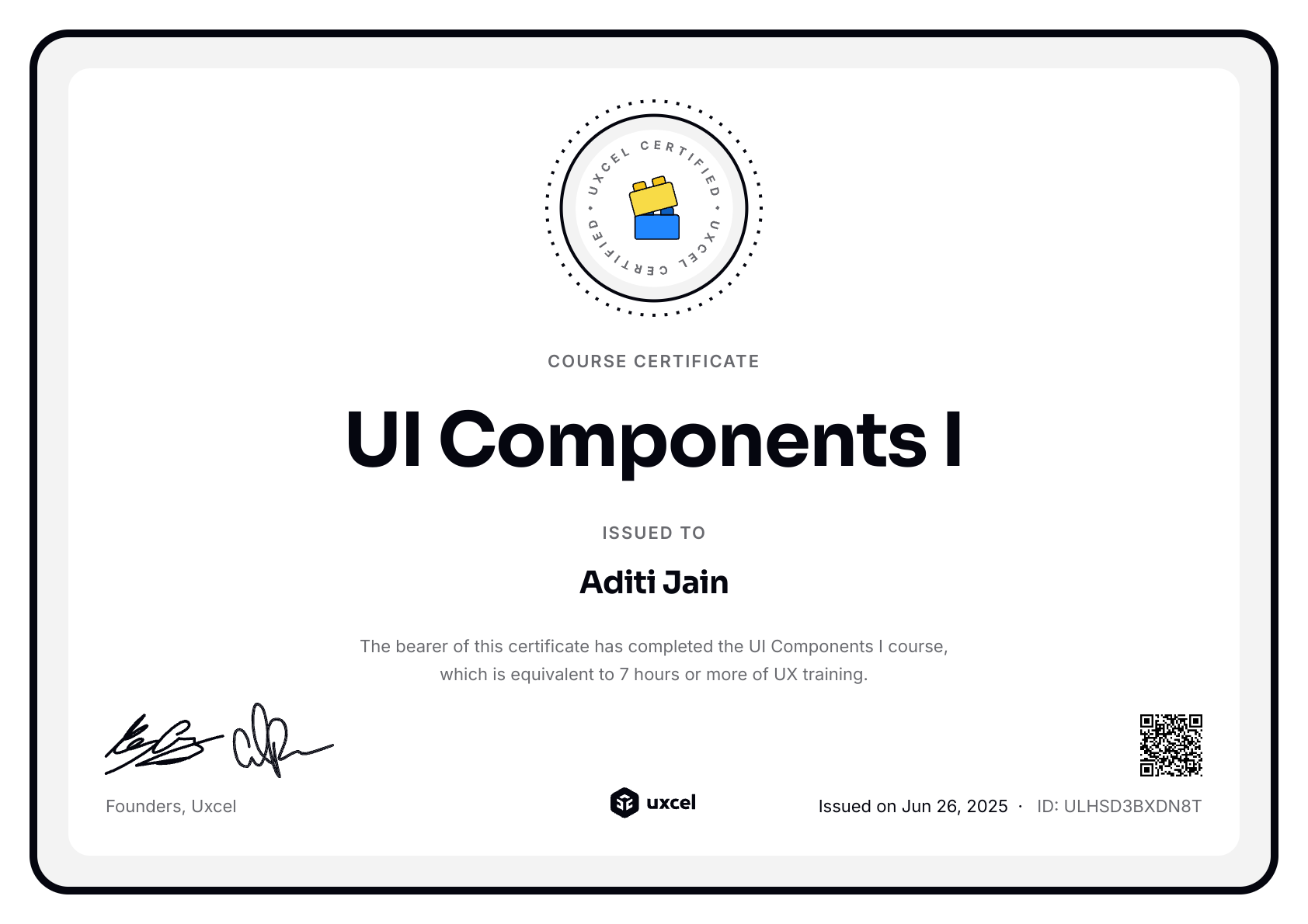 Aditi Jain's certificate